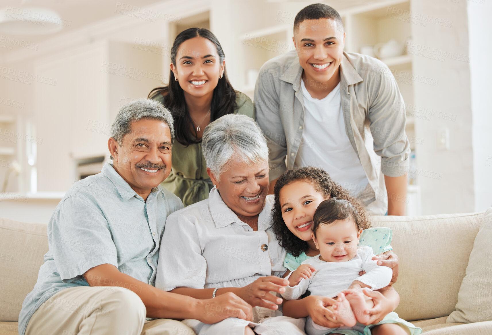 Buy stock photo Family, portrait and love in house for bonding, care and people on sofa with joy, embrace and weekend. Generations, face and happy with smile for relax, relationship and comfort in lounge on couch