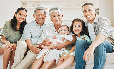 Buy stock photo Family, portrait and baby in house for bonding, care and people on sofa with joy, embrace and weekend. Generations, face and happy with smile for relax, relationship and comfort in lounge on couch