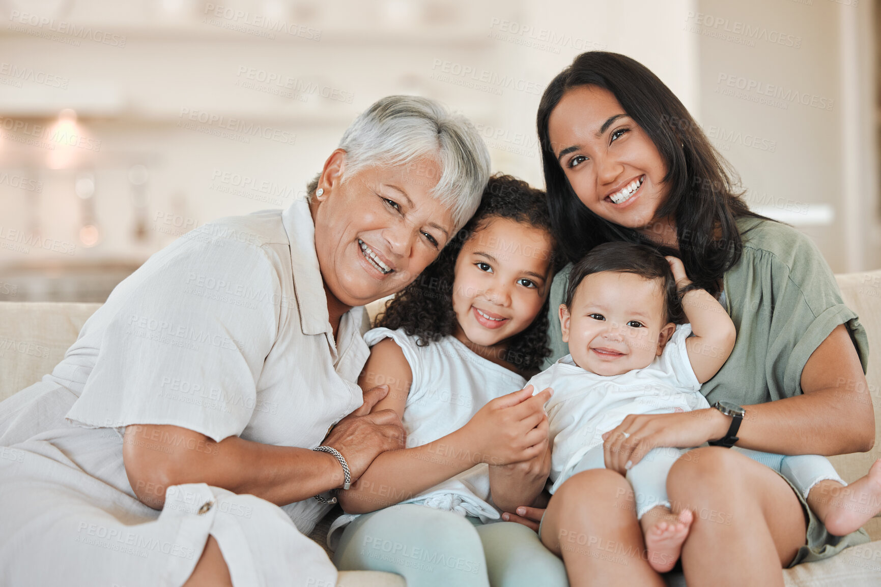 Buy stock photo Mother, grandmother and children with portrait on sofa for bonding, happy memory and support with hugging. People, family love and kids on couch in living room with smile, embrace and generations