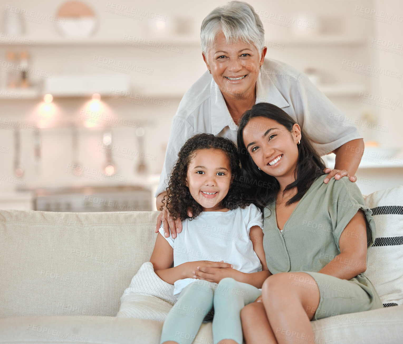 Buy stock photo Portrait of grandmother, mom and child on sofa for bonding, love or relax in living room. Family generation, happy home and grandma, mother and girl on couch with smile, hug or embrace in living room