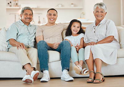 Buy stock photo Family, portrait and happy in house for relax, care and people on sofa with joy, embrace and weekend. Generations, face and bonding with smile for love, relationship and comfort in lounge on couch