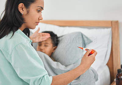 Buy stock photo Sick, check temperature and boy with mother, bedroom and fever with illness, health problem and cold. Home, mama and son with kid, childhood and morning with love, medical care and support in house