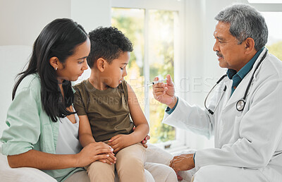 Buy stock photo Pediatrician, mother and child with injection, health and vaccine for growth or development in clinic. Woman, boy and doctor with needle at hospital for immunity, routine check and illness prevention