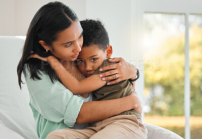 Buy stock photo Hug, sick and love with mother and son in bedroom for medical, illness and empathy. Care, support and worry with woman and child hugging together in family home for virus, problem and consoling