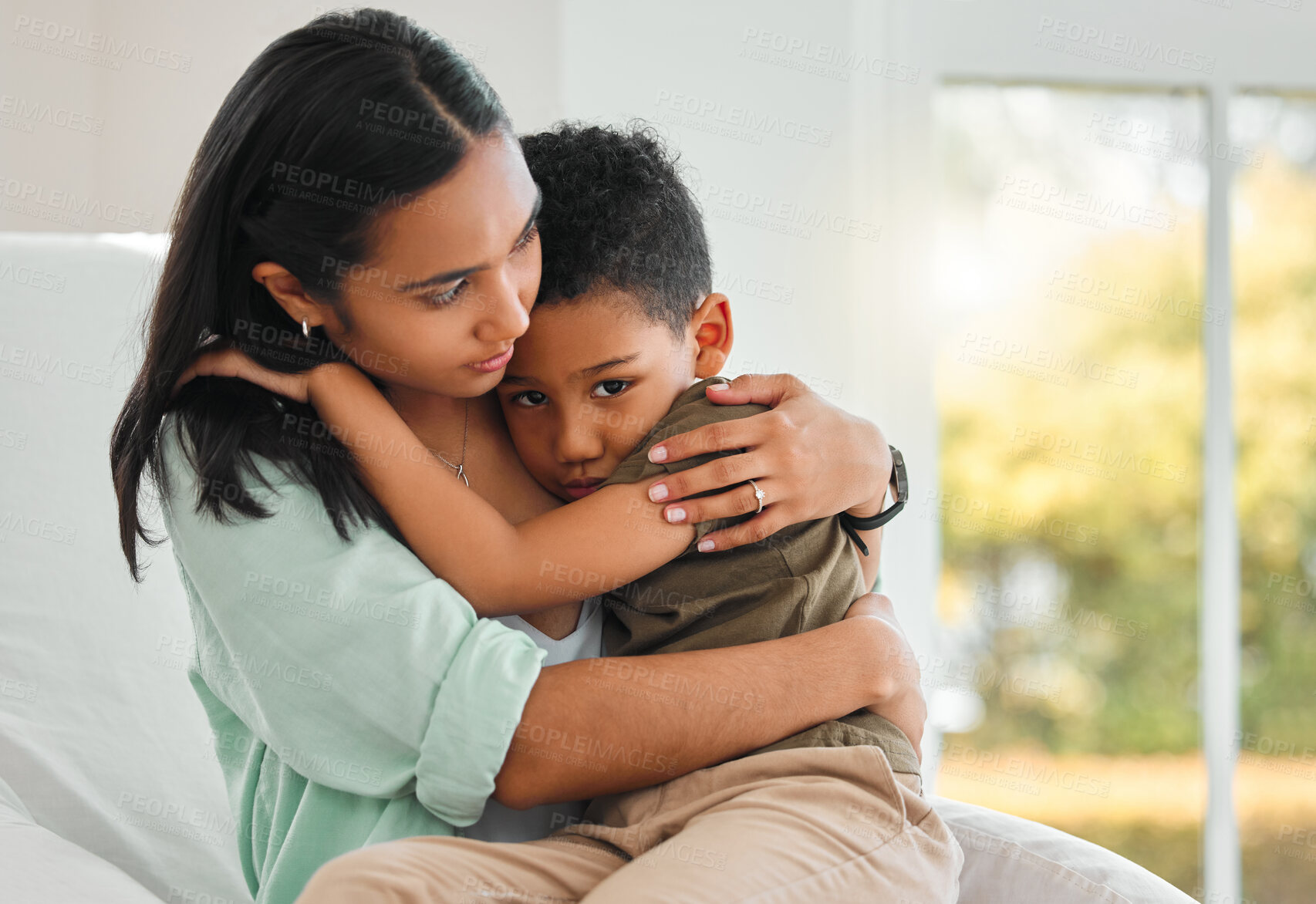 Buy stock photo Hug, sick and love with mother and son in bedroom for medical, illness and empathy. Care, support and worry with woman and child hugging together in family home for virus, problem and consoling