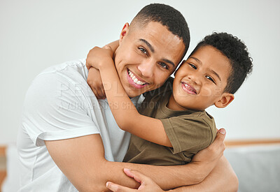 Buy stock photo Happy, hugging and portrait of father with child in home for bonding, care and connection. Love, people and dad embracing boy kid with support, family or smile together for security in house.