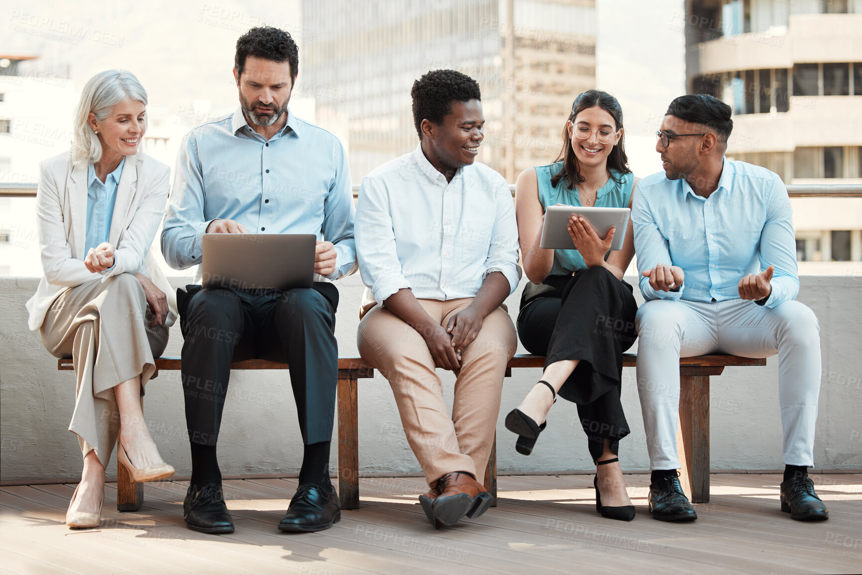 Buy stock photo Business people, technology and waiting room in row for job opportunity, interview and onboarding. Team, group and together for diversity, networking and human resources agency with balcony as staff