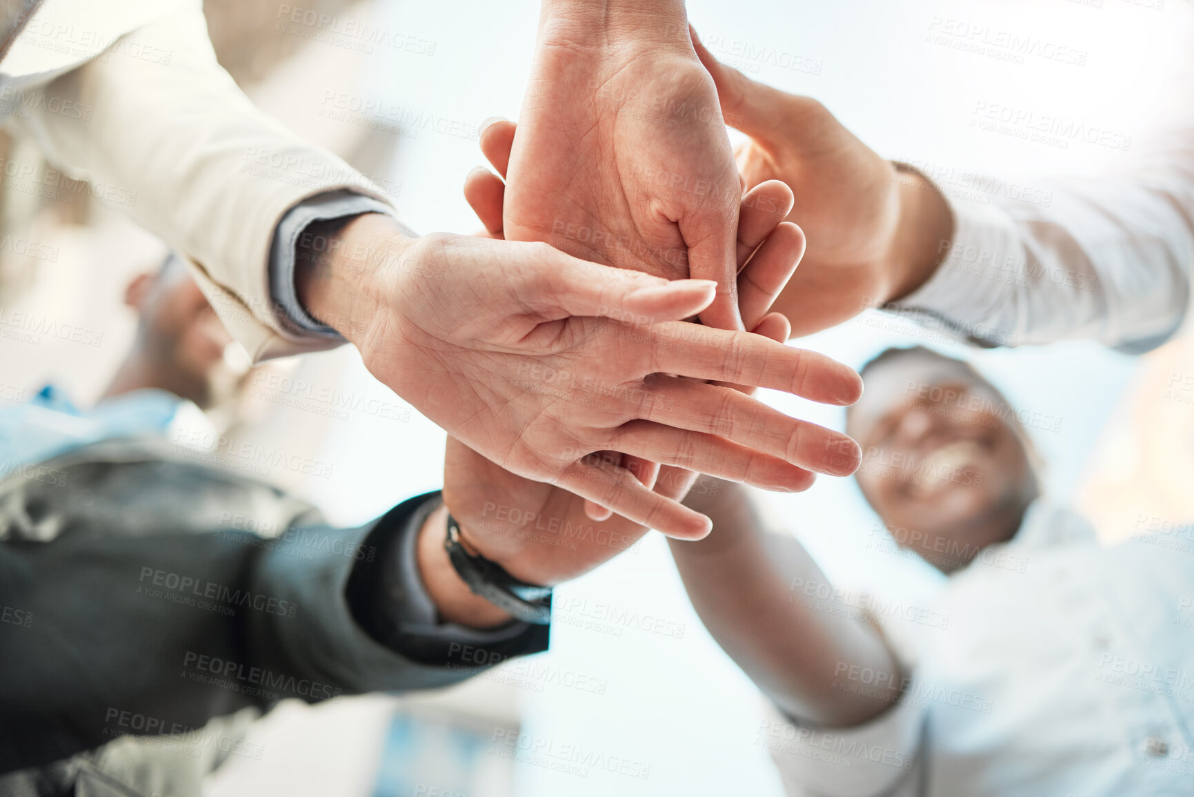 Buy stock photo Group of people, hands together and solidarity in below for job opportunity, interview or onboarding. Team building, business and huddle for networking in human resources agency with success as staff