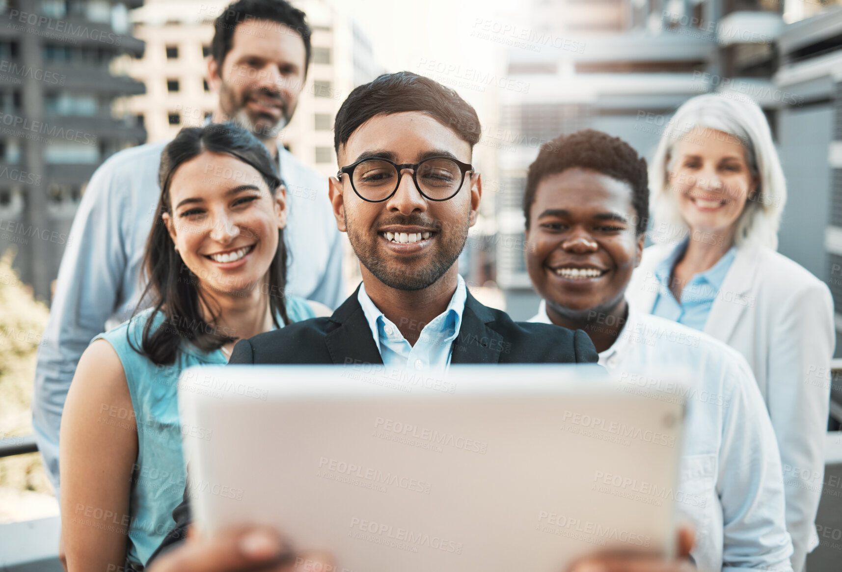 Buy stock photo Smile, team and selfie of business people in city for solidarity, diversity and memory of urban planners on tablet. Happy group, staff and picture together for photo, about us and friends outdoor