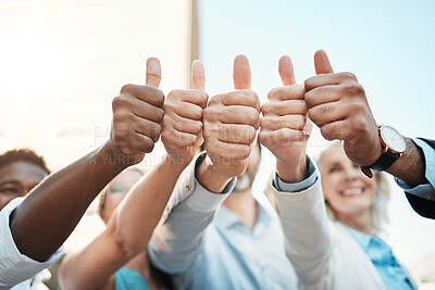 Buy stock photo Group of people, thumbs up and solidarity in vote for job opportunity, collaboration or community. Team, business and together for feedback, networking or human resources agency with success as staff