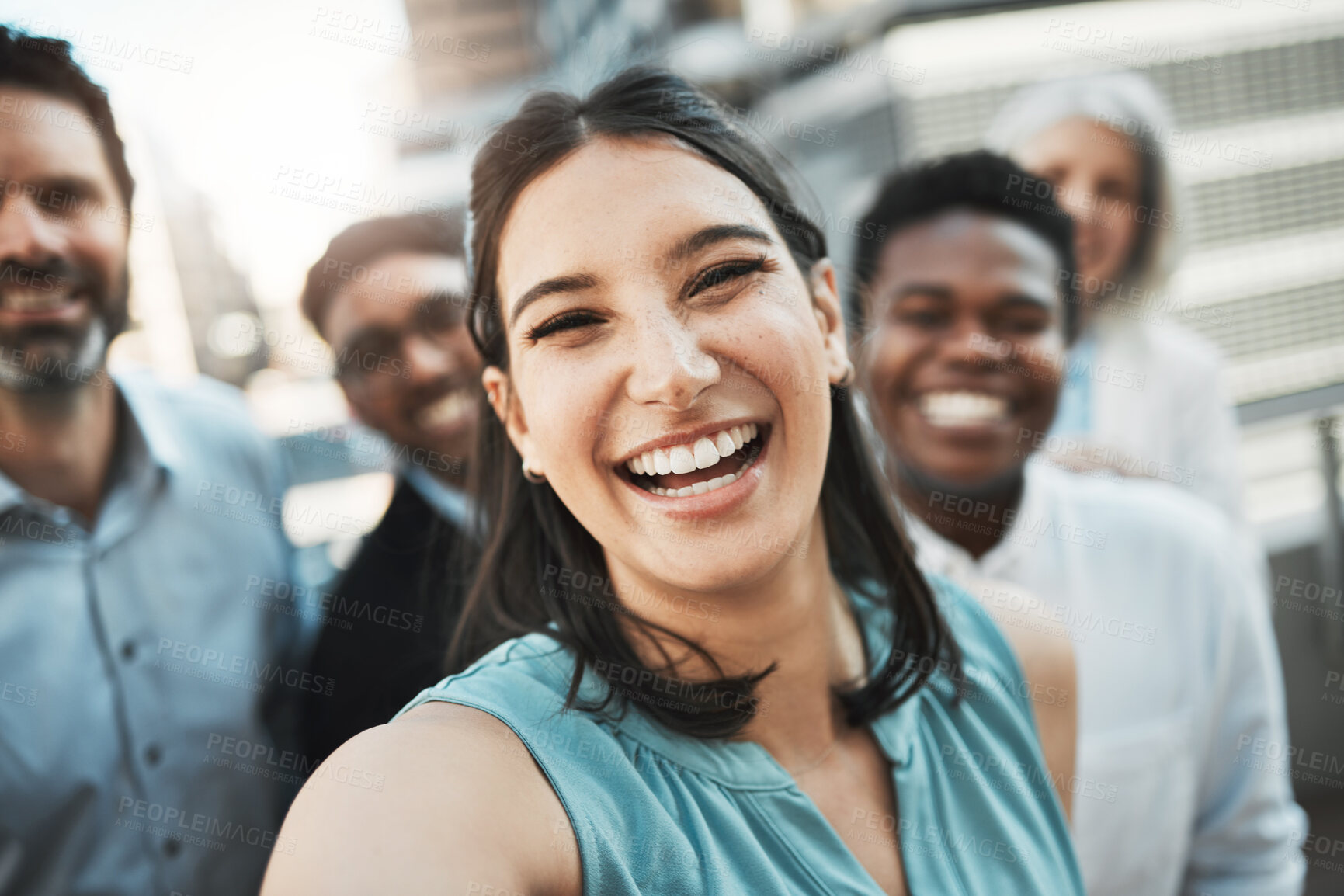 Buy stock photo City, laughing and selfie with business people outdoor together for bonding, memory or solidarity. Building, diversity and smile of employee team in urban town as friends for about us or photograph