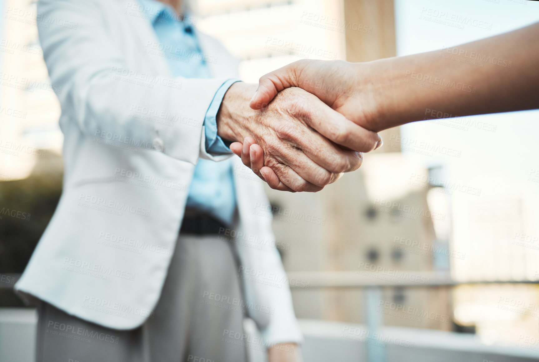 Buy stock photo Handshake, partnership and thank you with business people on balcony together for agreement or deal. B2B, meeting and welcome of employee team shaking hands at work for collaboration or contract