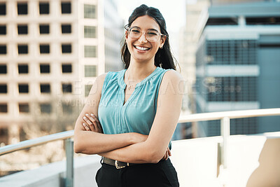 Buy stock photo Glasses, arms crossed and portrait of business woman for financial advisor, corporate or confidence. Consultant, professional and vision with person from Brazil for risk management and urban city