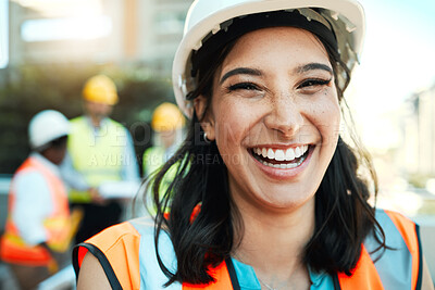 Buy stock photo Outdoor, woman and happiness as architect at construction site for city planning and strategy in Germany. Female person, smile and portrait for civil engineering and infrastructure as contractor