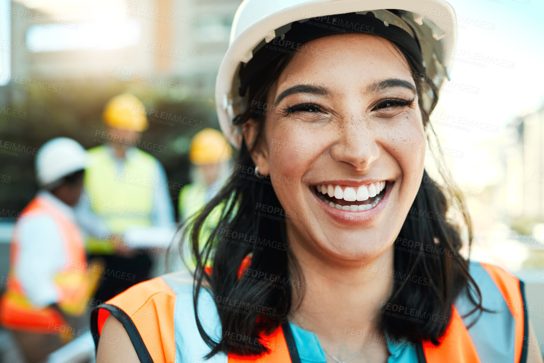 Buy stock photo Outdoor, woman and happiness as architect at construction site for city planning and strategy in Germany. Female person, smile and portrait for civil engineering and infrastructure as contractor