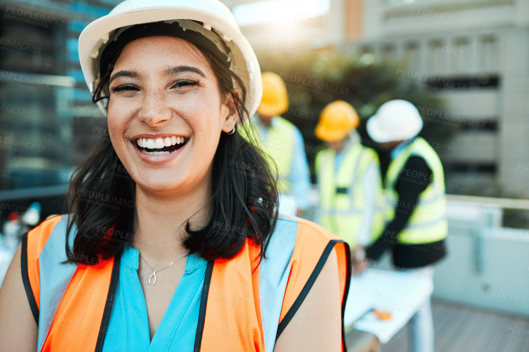 Buy stock photo Outdoor, woman and smile as architect on balcony at office for city planning and construction in Germany. Female person, happy and portrait for civil engineering and infrastructure as contractor