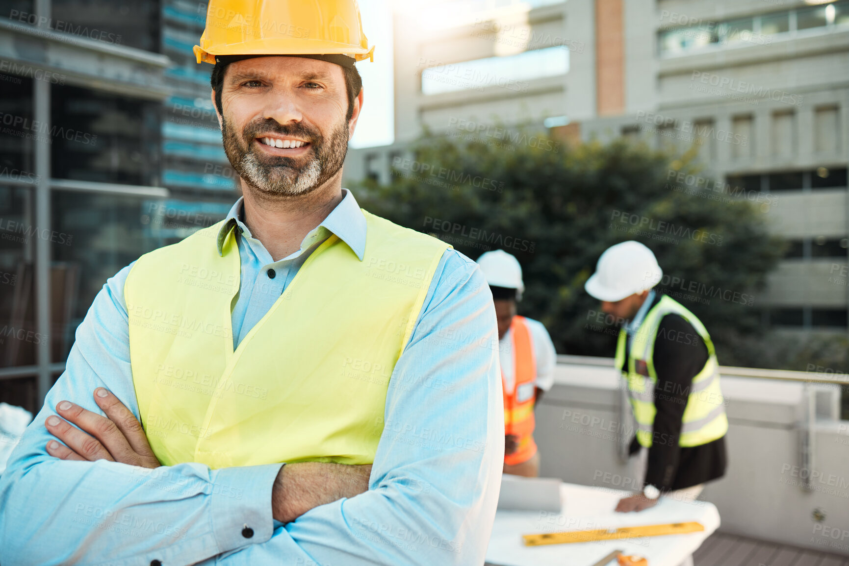 Buy stock photo Architect, man and arms crossed in portrait outdoor on rooftop for city planning and building development project. Mature, worker and happy on construction site for architecture or property expansion