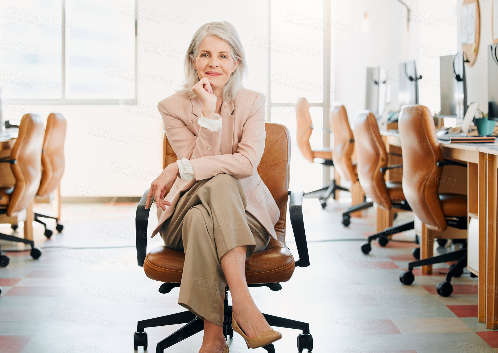 Buy stock photo Portrait, mature or woman with business at call center in confidence for telemarketing agency or tech support. Female person, CEO or executive with computers for online assistance or customer service