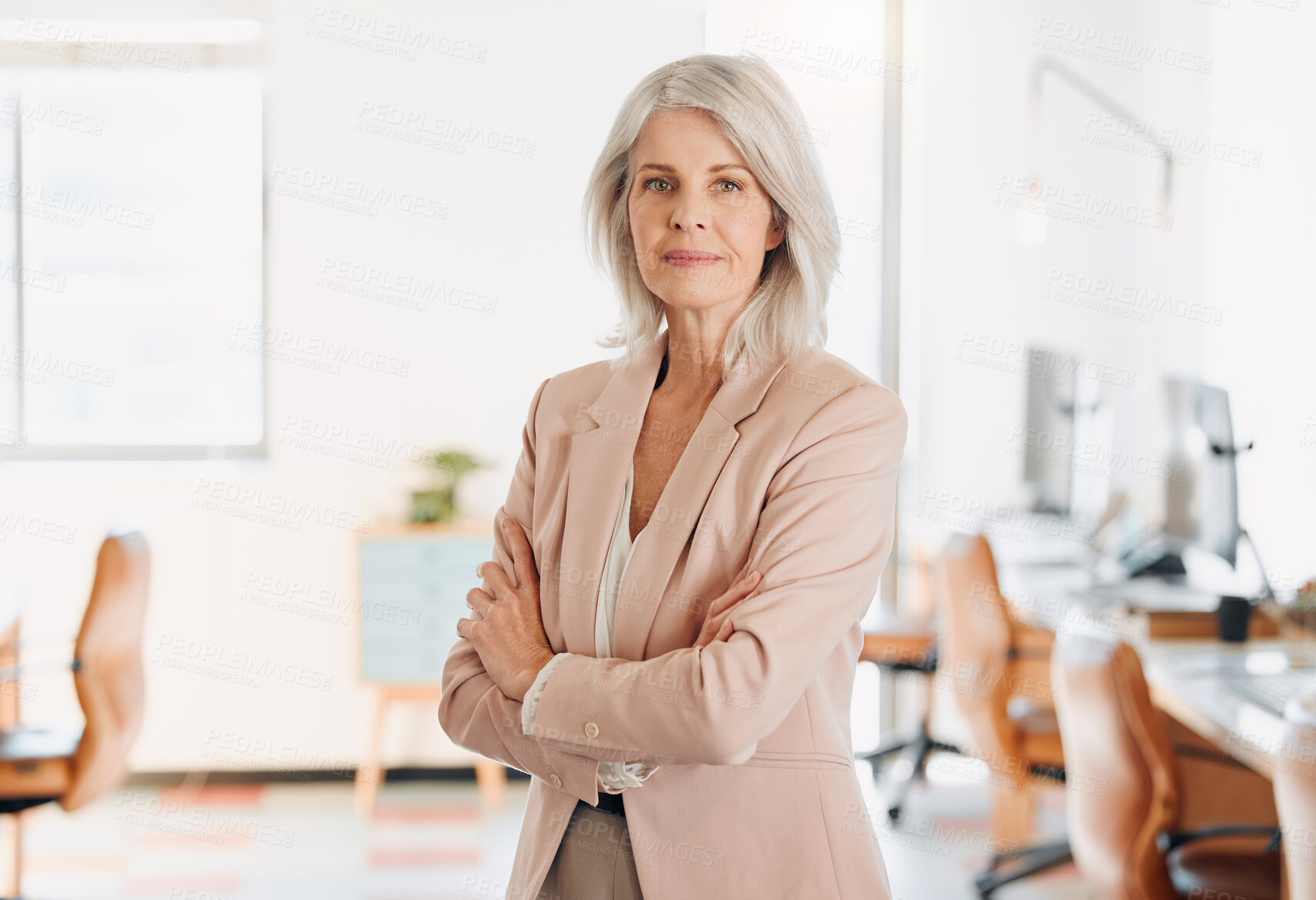 Buy stock photo Corporate, crossed arms and portrait of mature woman in office with confidence, company pride and development. Professional, business manager and person in workplace for career, job and ambition