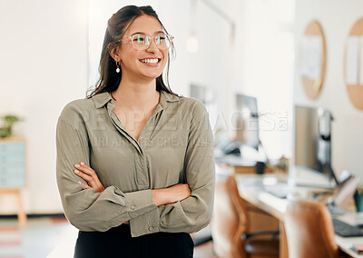 Buy stock photo Thinking, crossed arms and business woman in office with confidence, company pride and growth. Professional, corporate and person in workplace with ideas for career, job opportunity and ambition