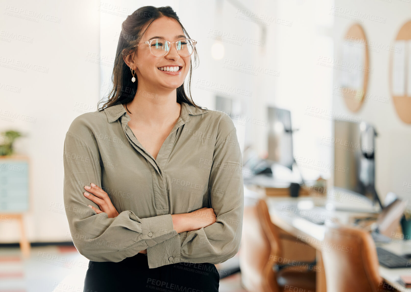 Buy stock photo Thinking, crossed arms and business woman in office with confidence, company pride and growth. Professional, corporate and person in workplace with ideas for career, job opportunity and ambition