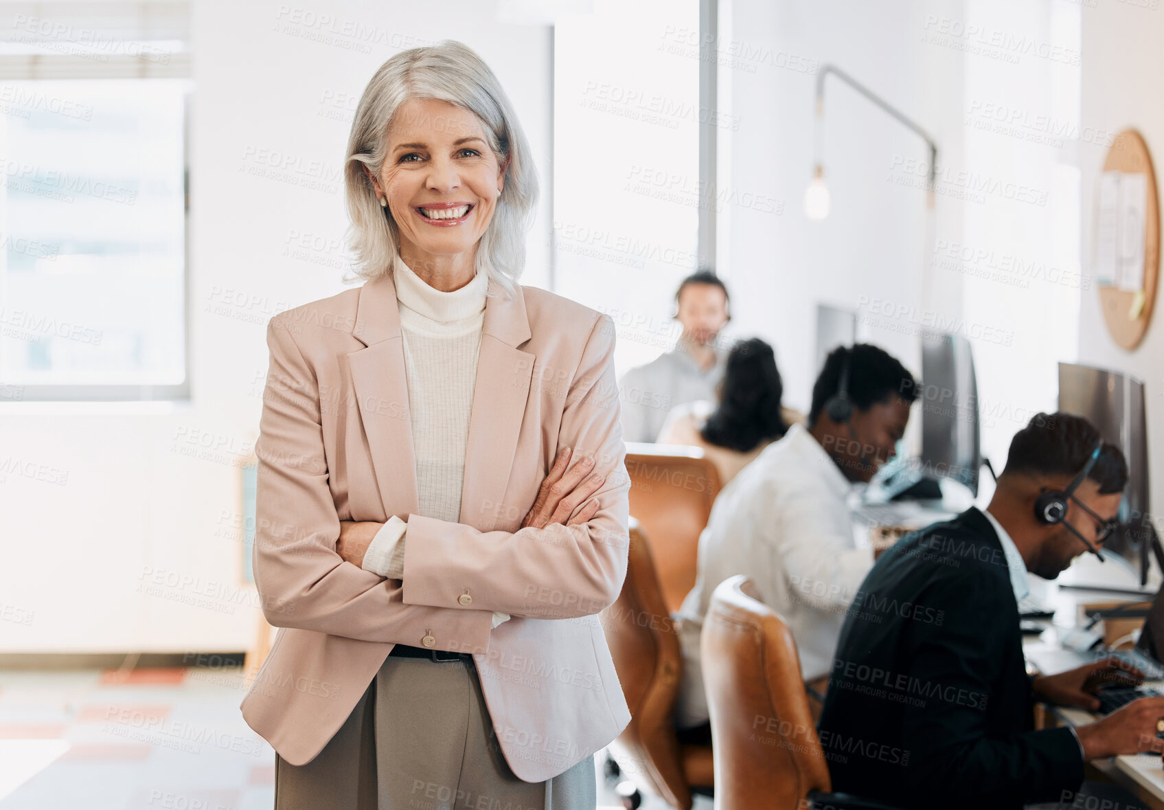 Buy stock photo Call center, crossed arms and portrait of woman in office for leadership, management and career. Happy, business and mature person with staff for telemarketing, customer support and online service