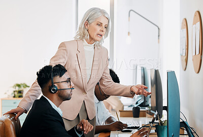 Buy stock photo Woman, man and training by computer in call center with review, feedback or support at telemarketing agency. Mature manager, people and teaching for mentorship with agent, pc and advice at help desk