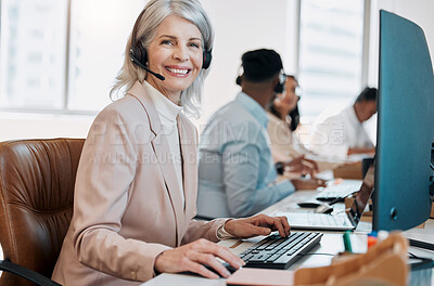 Buy stock photo Mature woman, portrait and computer at contact center with reading, advice or solution with customer service. Person, agent and crm with typing, mic or help desk with pride for tech support at agency