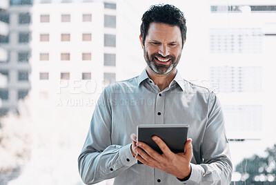 Buy stock photo Business, smile and man with tablet for online schedule, connection or planning in office. Networking, communication and happy businessman with website search on digital app for project management.