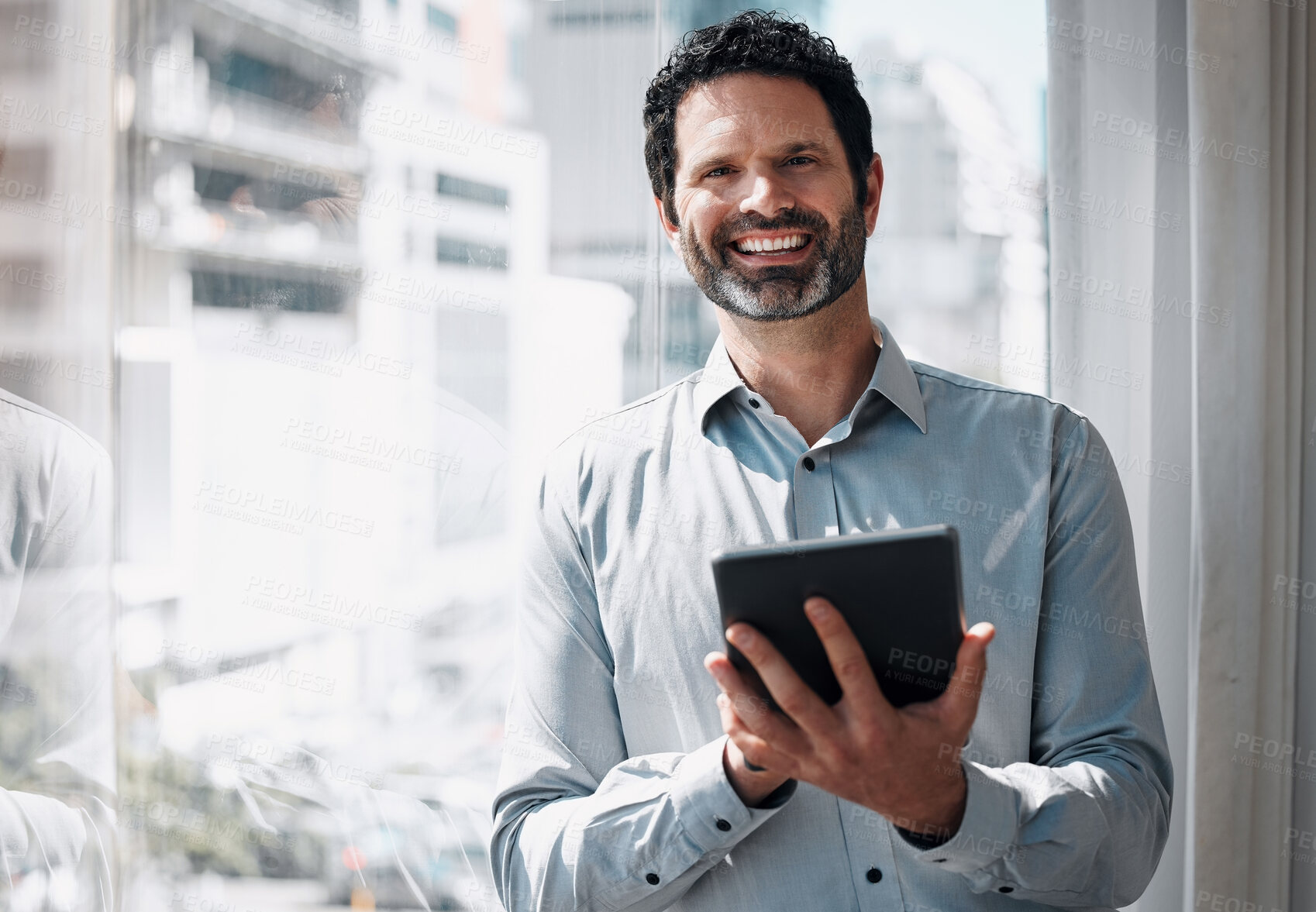 Buy stock photo Office, smile and portrait of man with tablet for connection, online schedule or planning at window. Networking, communication and happy businessman with website on digital app for project manager