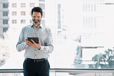 Buy stock photo Scroll, smile and business man with tablet for connection, online schedule or planning in office. Networking, communication and happy businessman with website on digital app for project manager