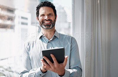 Buy stock photo Office, smile and portrait of businessman with tablet for online schedule, connection or planning. Networking, communication and happy man with website search on digital app for project management.