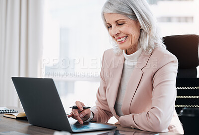 Buy stock photo Manager, laptop and business woman in office for working online on project report, research or planning. Professional, corporate and mature person on computer for proposal review, feedback or website