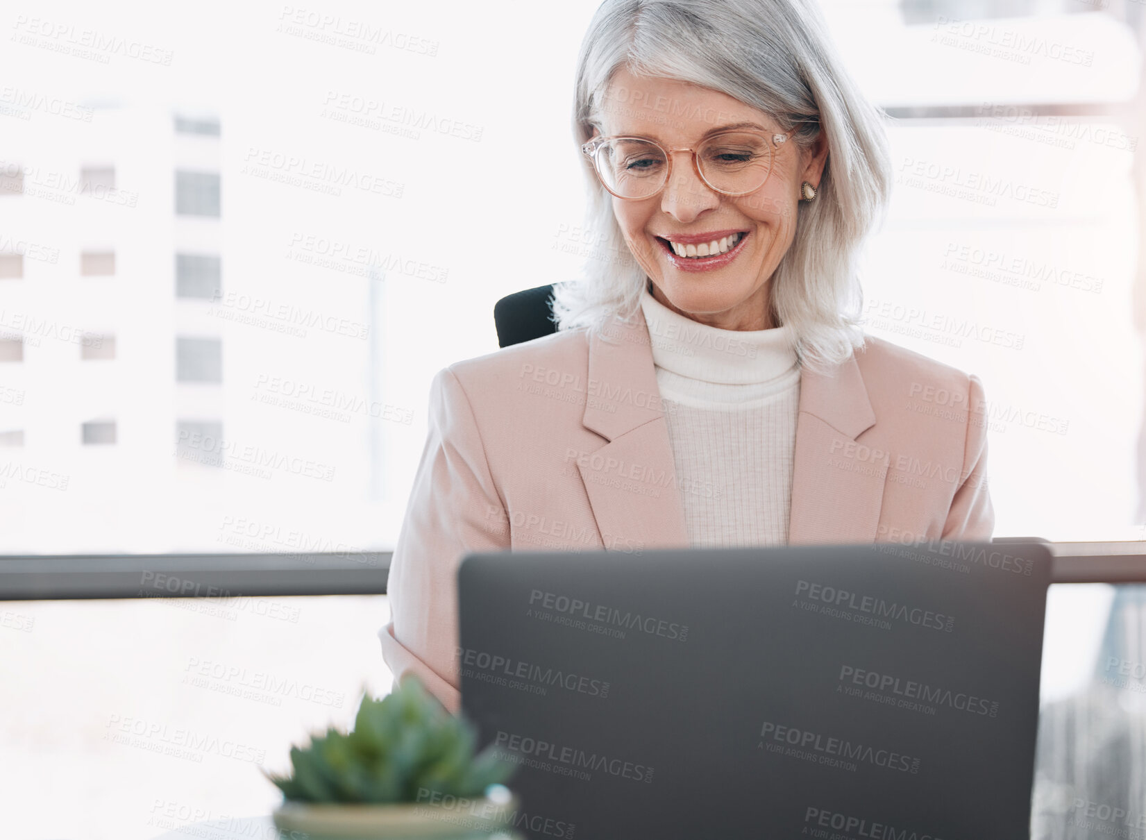 Buy stock photo Business, happy and mature woman on laptop working online for project report, research or planning. Professional office, corporate manager and person on computer for proposal review, email or website