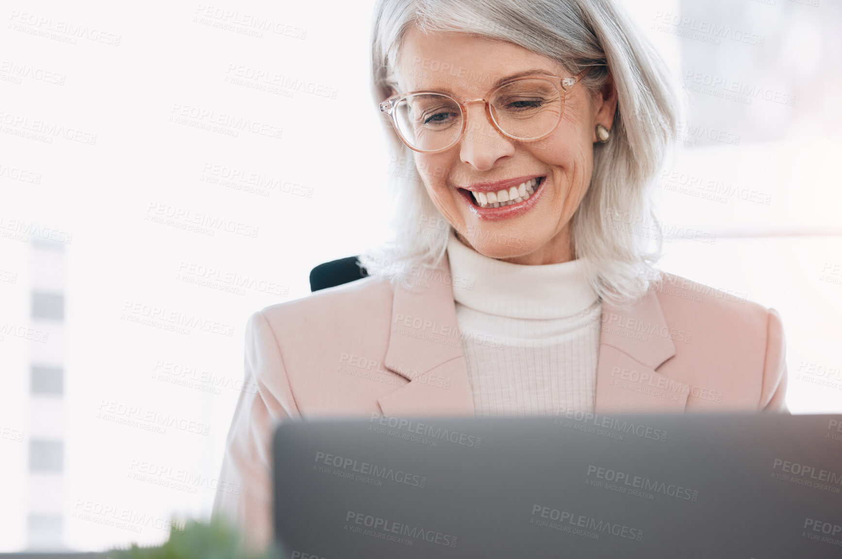 Buy stock photo Business, professional and happy woman on laptop working online for project report, research and planning. Office, corporate manager and person on computer for proposal review, email and website