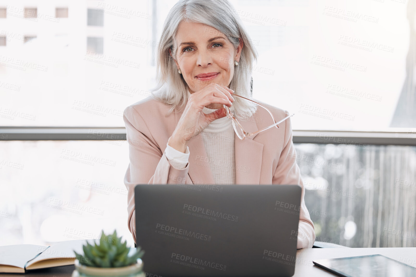 Buy stock photo Business, office and portrait of woman on laptop for project report, research and planning. Professional, corporate manager and happy person on computer for proposal review, b2b consultant or website