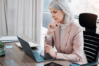 Buy stock photo Corporate, reading and mature woman on laptop working online for project report, research and planning. Office, business manager and person on computer for proposal review, read email and website