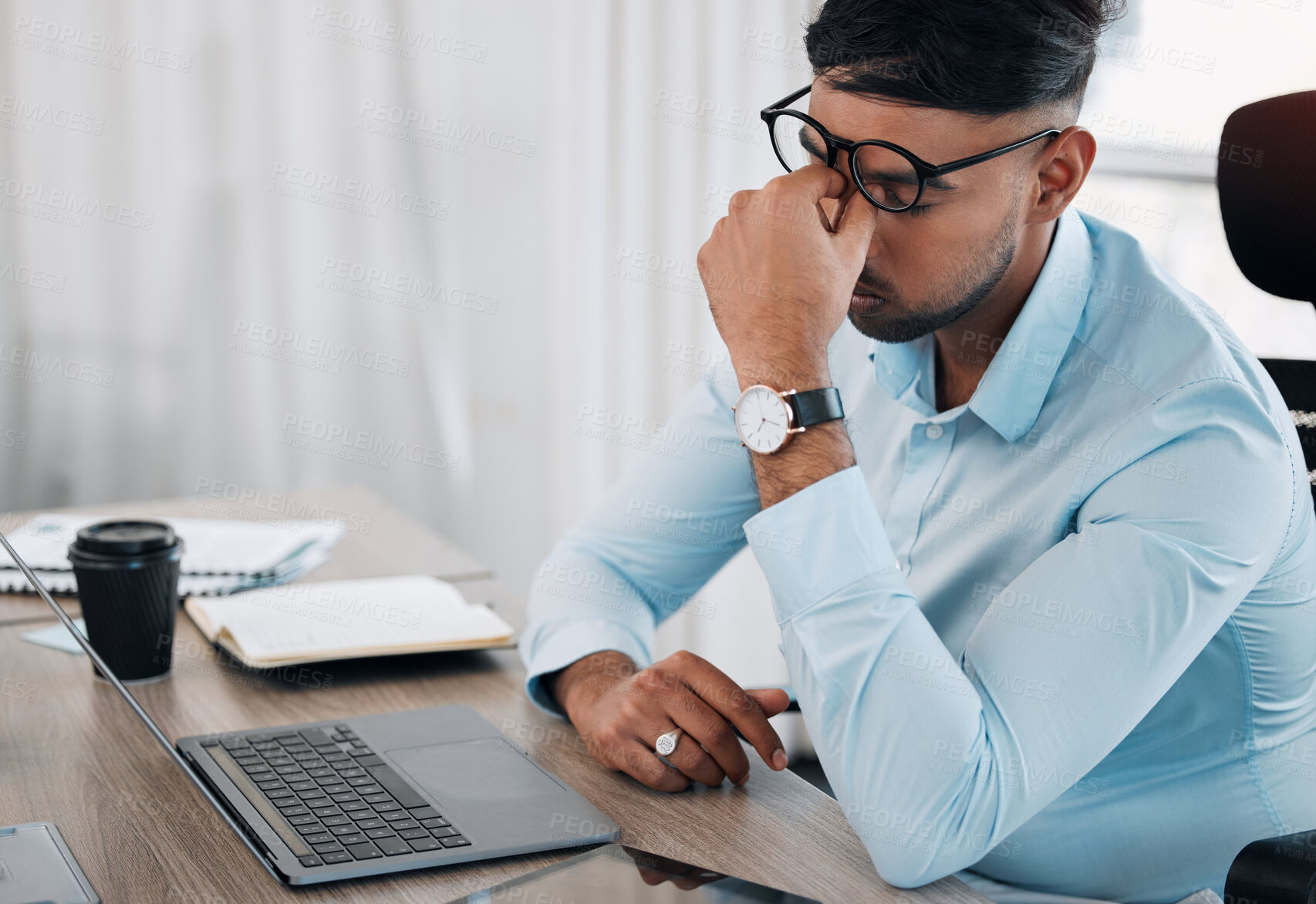 Buy stock photo Businessman, headache and strain with laptop for stress, bankruptcy or vertigo at office desk. Frustrated man, accountant or employee with pain or fatigue for pressure, debt or mistake at workplace