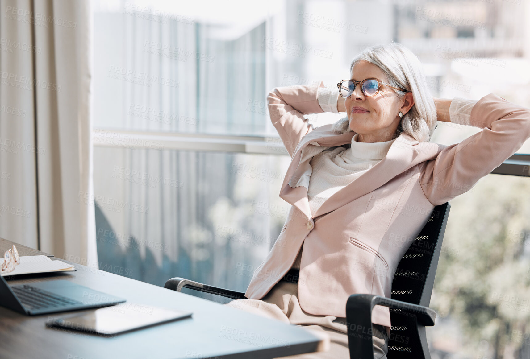 Buy stock photo Mature woman, relief and smile in office with laptop, reflection and done with project at company. Person, stretching and happy with thinking, inspiration and insight by computer at insurance agency