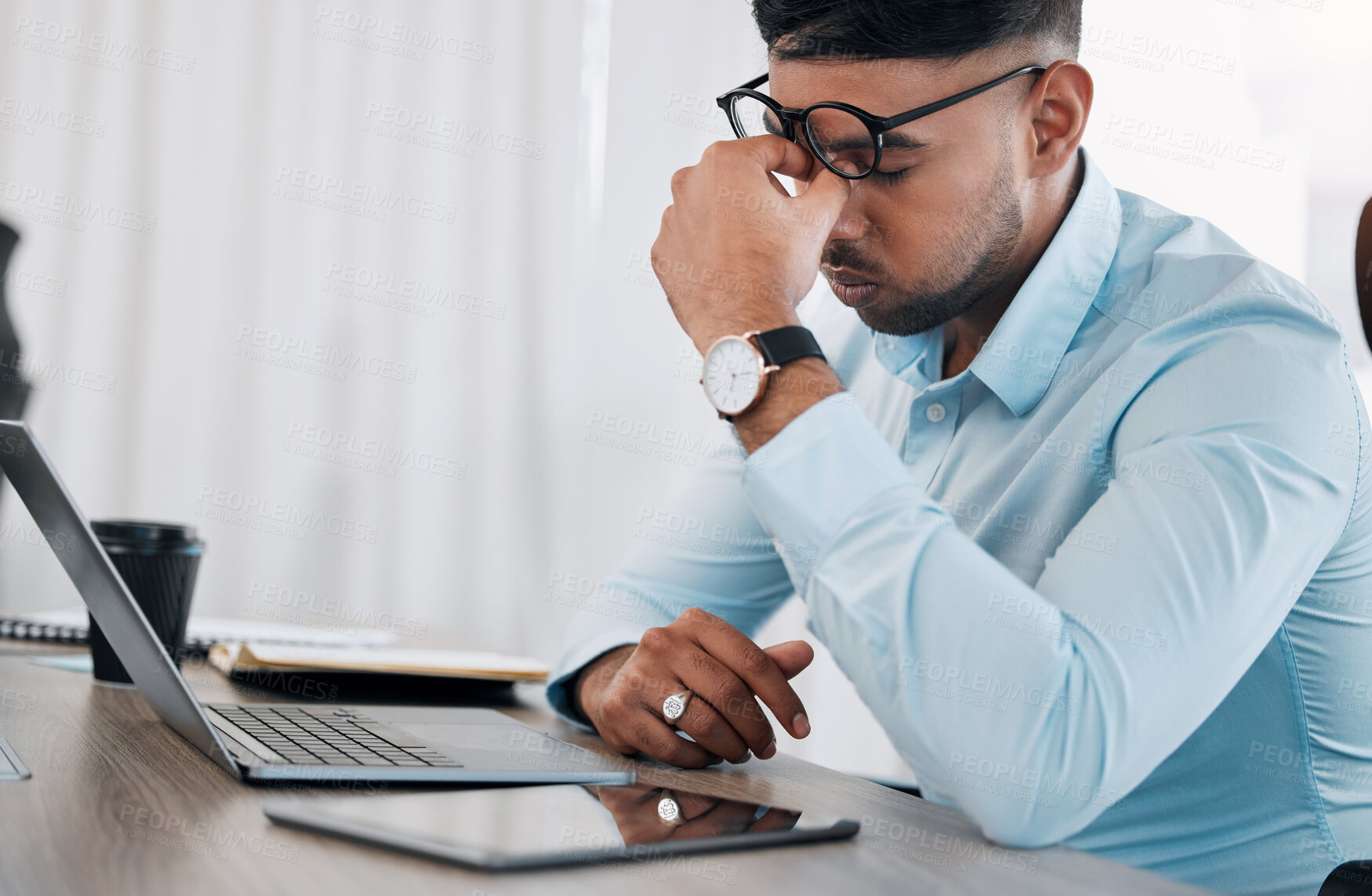 Buy stock photo Businessman, headache and laptop with stress for bankruptcy, vertigo or overworked at office. Frustrated man, accountant or employee with pain or fatigue for pressure, debt or mistake at workplace