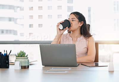 Buy stock photo Office, coffee and business woman on laptop with drink for energy for working, research and planning. Professional, company and person with caffeine on computer for website, internet and proposal