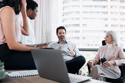 Buy stock photo Business people, diversity and laptop in meeting for discussion, collaboration and brainstorming. Group, teamwork and technology in office for feedback, advice and employee engagement with management