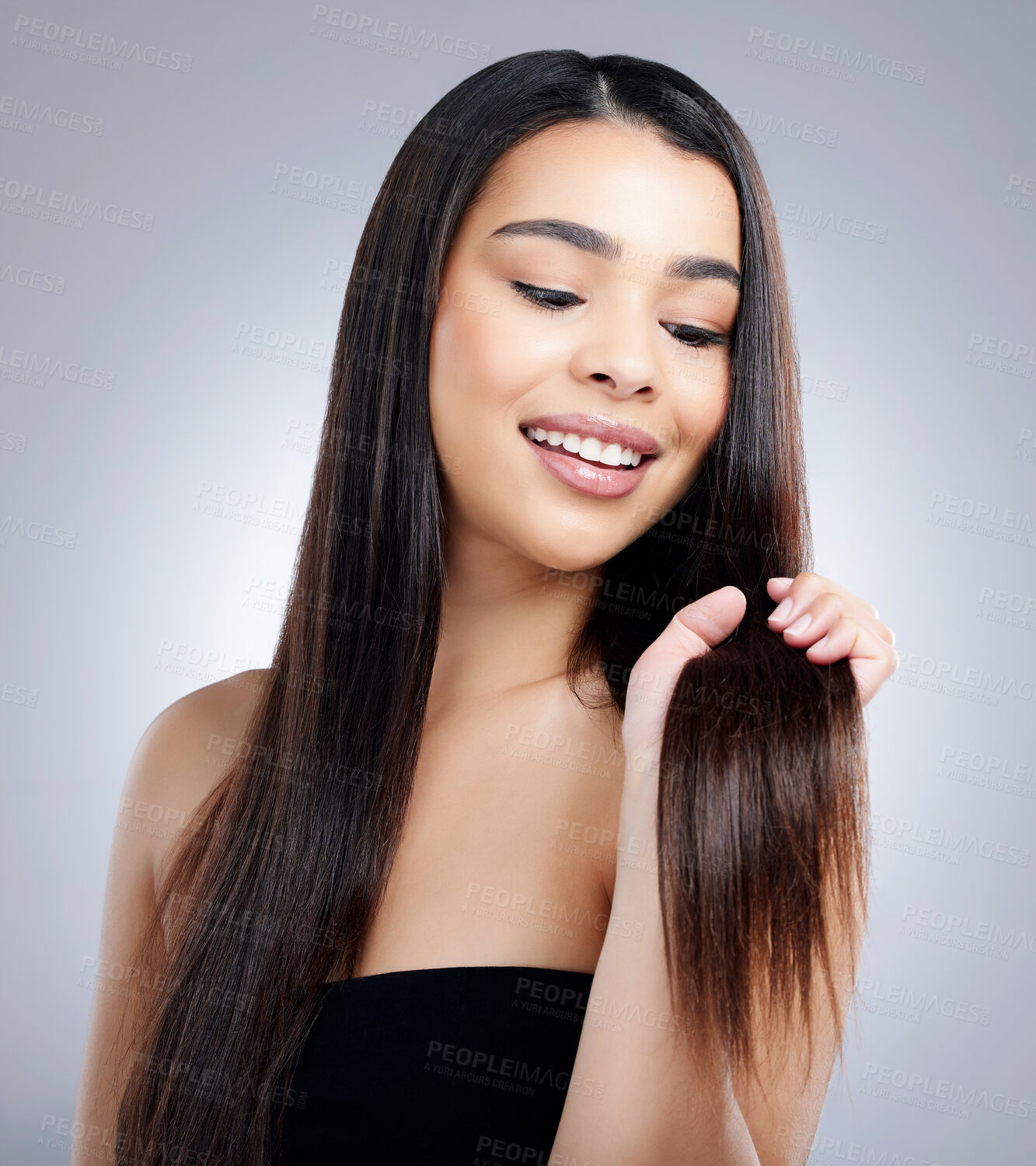 Buy stock photo Haircare, model girl and results in studio for salon treatment and beauty with pride. Happy woman and keratin and glow or shine for wellness, split ends and shampoo or cosmetics by white background