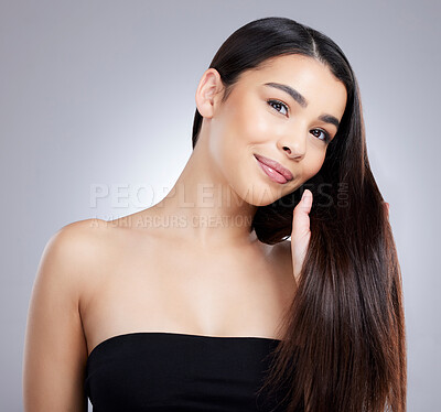 Buy stock photo Hair care, happy woman and studio portrait for salon treatment, results and beauty with pride. Model girl, keratin and wellness for glow or shine, split ends and shampoo or luxury by white background