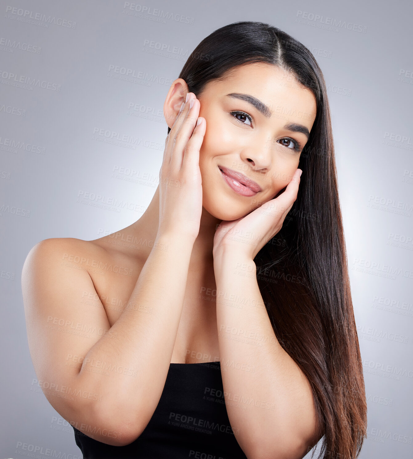 Buy stock photo Happy, portrait and woman with hair beauty in studio for healthy growth, keratin treatment or straight hairstyle aesthetic. Female person, wellness and collagen shine, cosmetics and white background