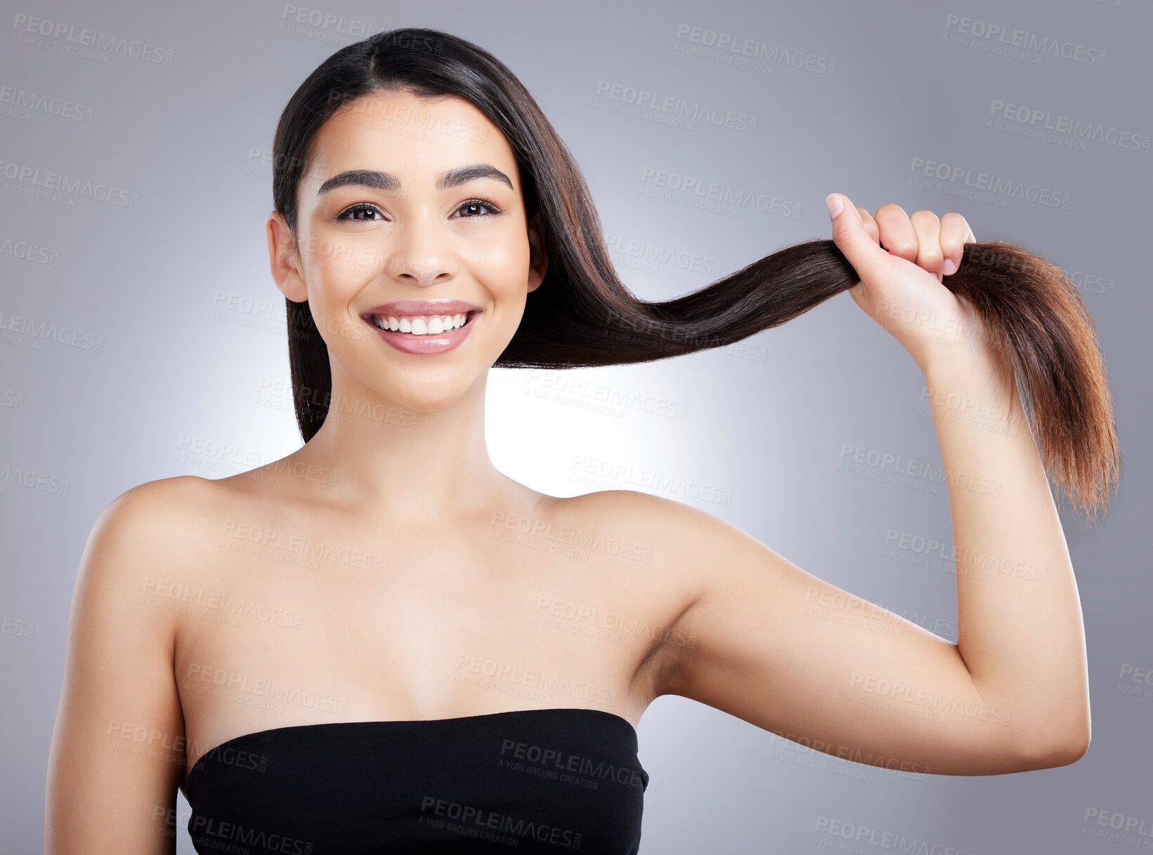 Buy stock photo Portrait, model girl and hair care in studio for salon treatment and shampoo with shine. Happy woman and keratin and glow for wellness, happiness and growth with cosmetics by white background