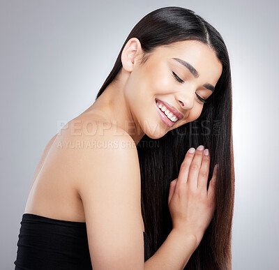 Buy stock photo Smile, woman and eyes closed for haircare beauty in studio for healthy growth, keratin treatment or hairstyle aesthetic. Female person, wellness and collagen shine, cosmetics and white background

