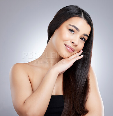 Buy stock photo Smile, portrait and woman with hair beauty in studio for healthy growth, keratin treatment or straight hairstyle aesthetic. Female person, wellness and collagen shine, cosmetics and white background