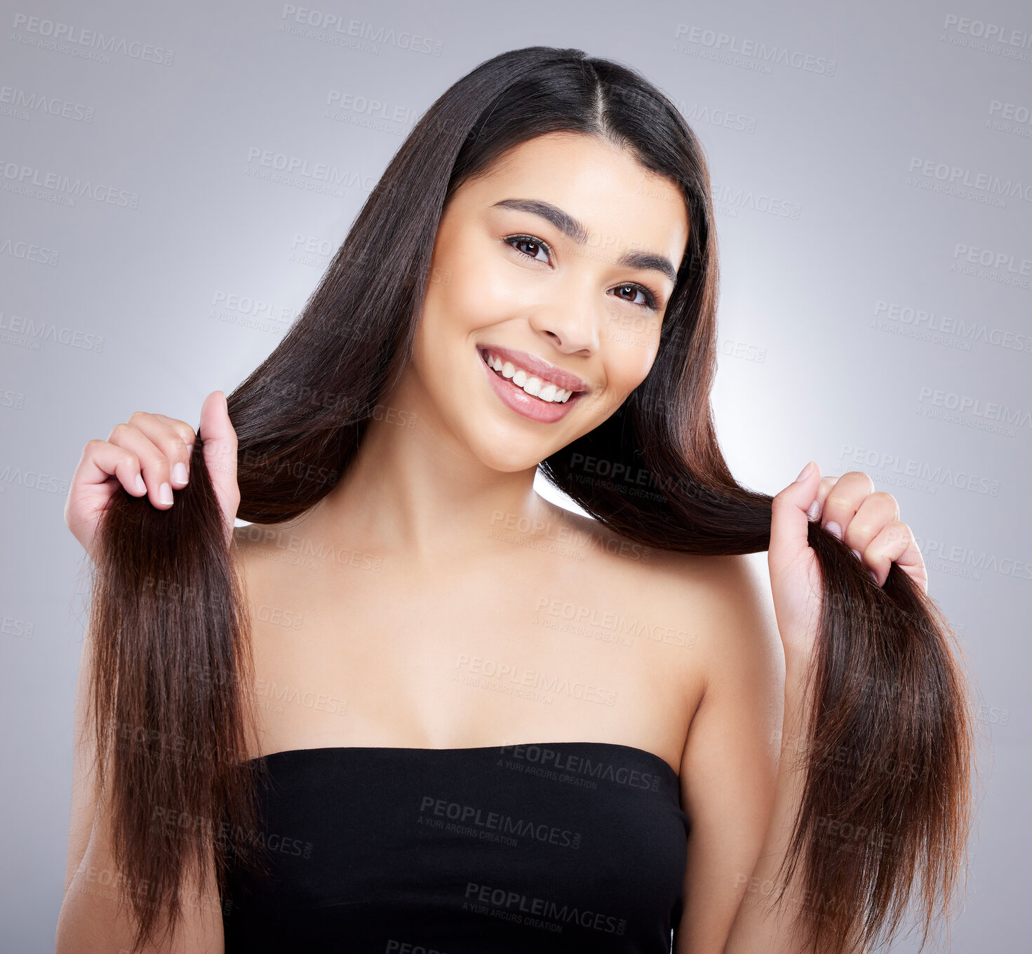 Buy stock photo Woman, portrait and hair care with beauty in studio for healthy growth, keratin treatment or straight hairstyle aesthetic. Female person, wellness and collagen shine, cosmetics and white background