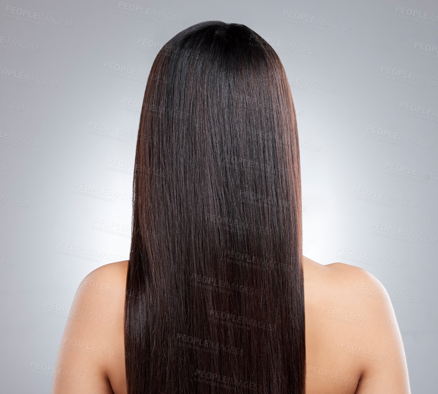 Buy stock photo Haircare, woman and back with beauty in studio for healthy growth, keratin treatment or straight hairstyle aesthetic. Female person, wellness and collagen shine, cosmetics and white background